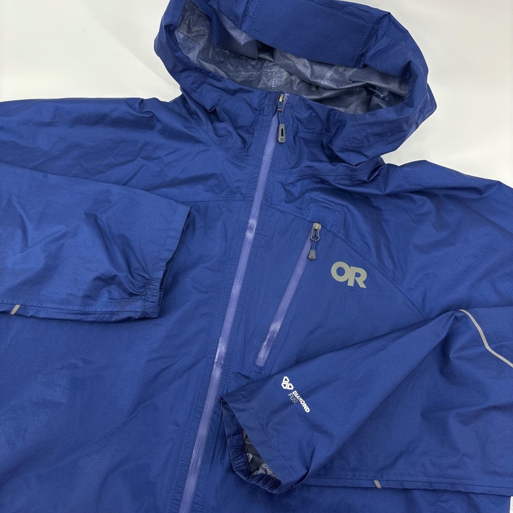 Outdoor Research Mens Helium Rain Jacket M Blue Diamond Fuse Hooded Windbreaker